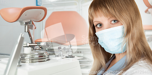 Image of Female gynecologist in protective mask