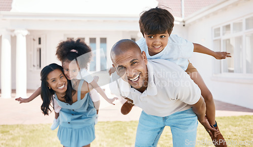 Image of Family, portrait and piggyback outdoor, excited and bonding together in home backyard. Happy, mother and father carry children, playing and enjoying fun with love, care and smile in a summer garden