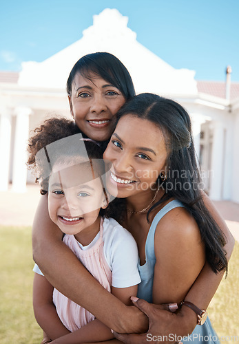 Image of Mother, smile and portrait of grandma with girl outdoor at home backyard, bonding and having fun. Happy, face and grandmother, mom and child with love, care and family enjoying hug time together.