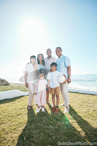 Image of Family, portrait and outdoors with happiness in nature with ball in mockup space with children. Happy, parents and generations are standing in garden or summer for bond or quality time together.