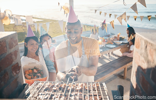 Image of Help, birthday and family at barbecue party, lunch and summer in nature together. Camping, smile and woman helping a man with food on the grill, cooking bbq and meat on vacation by the sea for dinner