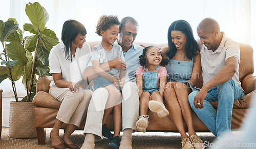 Image of Family, grandparents and children on a couch, relax and happiness with bonding, home and loving together. Generations, mother and father with kids, lounge and love with joy, quality time and chilling