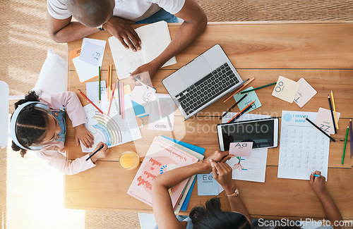 Image of Top view, home and girl with parents, homework and learning with support, care and bonding at desk. Father, mother and daughter with drawing, education and teaching with technology in family house