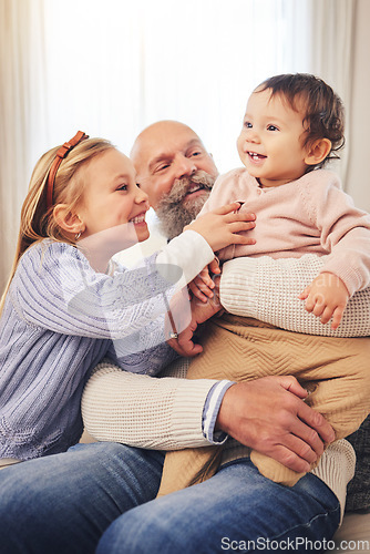 Image of Grandfather, children and play with happiness, home and cheerful with fun, bonding and loving together. Senior man, siblings or kids in a living room, chilling and love on a weekend break and excited