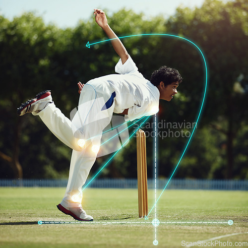 Image of Cricket bowling, man and field on grass with overlay, science and mechanics for speed, sport and technique for contest. Indian guy, mathematics or vision for holographic analytics for balance in game