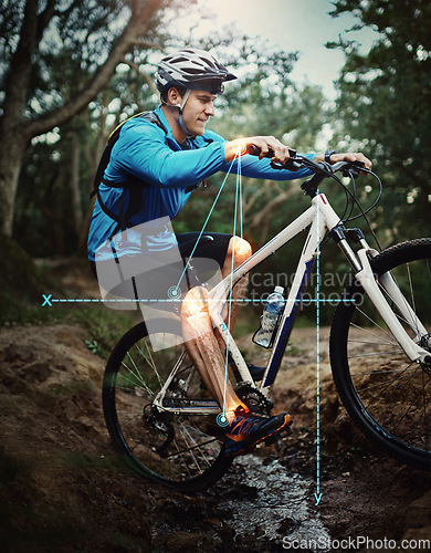 Image of Man, mountain bike and woods for fitness, training and workout with overlay, red glow or injury with math analysis. Forrest cycling, guy and joint pain with bicycle, holographic data and ride outdoor