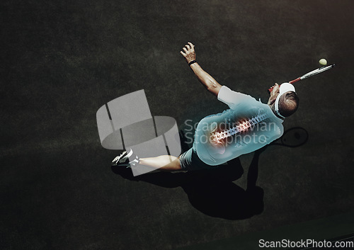 Image of Tennis player man, back pain and game for fitness with red glow overlay for stress injury, racket and top view. Athlete, court and sports training for contest with emergency, accident or osteoporosis