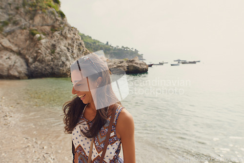 Image of Travel, ocean or happy woman tourist on holiday, vacation or weekend trip for a fun adventure in Italy. Summer, view or funny girl laughing with freedom or smile abroad in nature or sea to relax