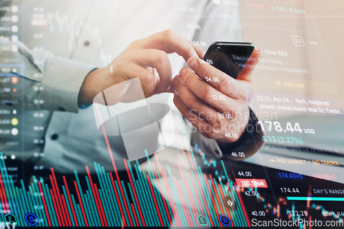 Image of Phone, overlay and business person and data analysis, stock market results and graphs, charts or finance statistics. Professional people hands with mobile trading, stats report and financial profit