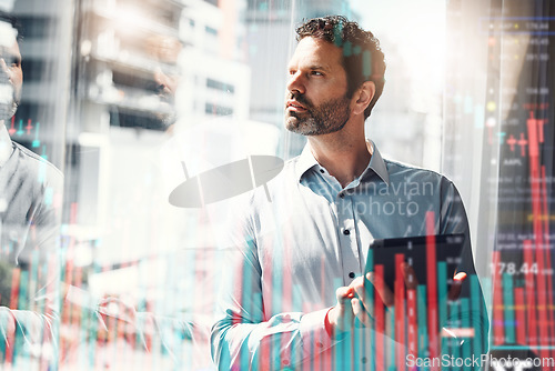 Image of Stock market, graphs and man with vision, tablet and overlay with business, data and information on investment. Thinking, face and businessman or trader with financial profit, success or statistics