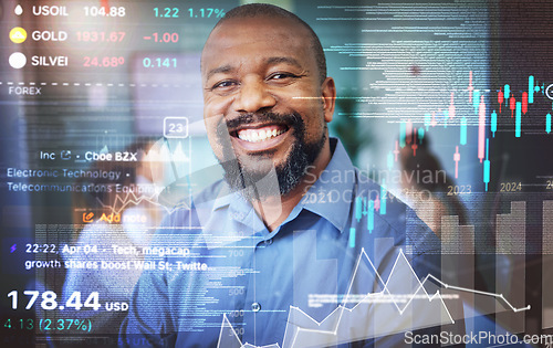 Image of Stock market, data and portrait of black man with overlay of business, statistics and information on investment. Happy, face and businessman or trader with financial profit, success or analytics