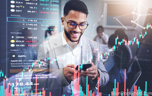 Image of Phone, overlay and business man with stock market, data growth and graphs, charts or financial statistics in office. Professional person reading on mobile app, trading stats and profit or investment
