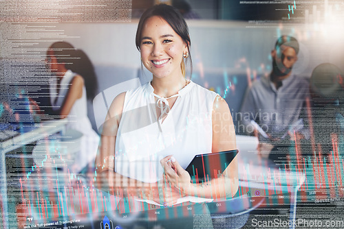 Image of Stock market, graphs and portrait of woman with tablet, overlay with business, data and information on investment. Happy, face and businesswoman or trader with financial profit, success or statistics