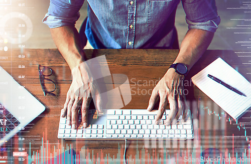 Image of Overlay, man typing on keyboard with digital hologram and social network connection for online communication. Data analysis or laptop, programming or tech and hand of male person writing an email