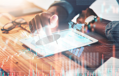 Image of Overlay, tablet and hand of businessman on stock market, trading with data and statistics of finance, investment or profit. Mobile app, growth of money and hologram of graphs, information or fintech