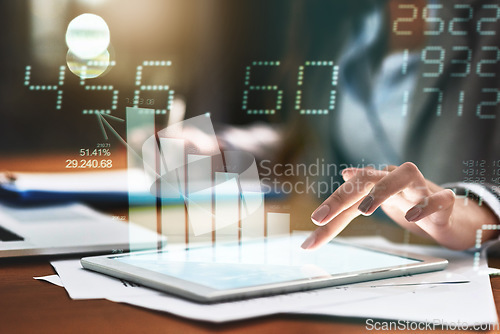 Image of Finance, overlay and hand with a tablet at night for stats, research or communication at a desk. Digital, overtime and an accountant typing on technology with data, charts and cgi numbers in the dark