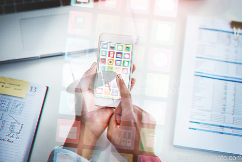 Image of Closeup, hands and cellphone with hologram, icons and typing with website information, documents and digital software. Woman, employee and agent with smartphone, screen and holographic with internet