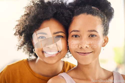 Image of Support, portrait of female friends and happy together for positive connection or trust. Care or love, bonding time or happiness and face of cheerful women smiling for sisterhood or friendship