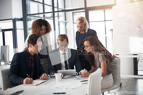 Image of Business people, corporate meeting with tablet and coaching, planning ideas in collaboration on project. Teamwork, strategy and training workshop, men and women for target management in modern office