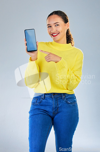 Image of Phone screen, mockup and portrait of woman or student in university presentation, website or registration information. Happy person, mobile space of college, contact or ux design on studio background