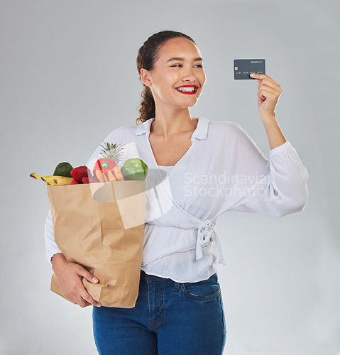 Image of Credit card, online and woman grocery shopping for fruits, vegetables and studio isolated on a white background. Sustainable bag, food and happy customer with digital money, ecommerce and fintech.