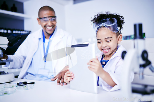 Image of Chemistry, tablet and father with child in laboratory for medical research, science and education. Healthcare, medicine and scientist dad with girl on digital tech for knowledge, learning and school