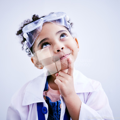 Image of Child, thinking and face of scientist girl in studio with .hand on chin, goggles and idea. Happy African kid student with solution or problem solving medical science, education or biology experiment