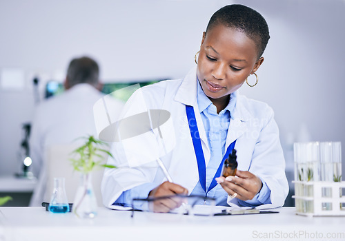Image of Plants, dermatology and scientist woman with research notes, writing and natural skincare in laboratory. Cosmetics, bottle and medical doctor or african person in science for eco and vegan safety