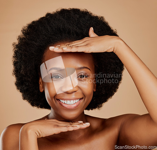 Image of Face, black woman and skincare frame for beauty in studio isolated on a brown background. Portrait, natural cosmetics and happy model with healthy skin, wellness and aesthetic in spa facial treatment