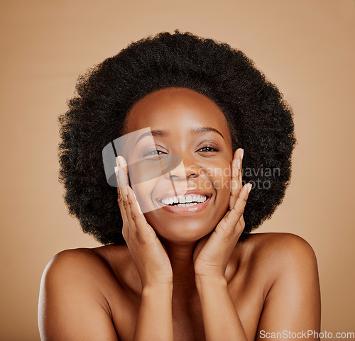 Image of Portrait, happy black woman and touch face for skincare, aesthetic glow and soft dermatology on brown background. Female model, natural beauty and afro hair in studio for shine, facial and self care