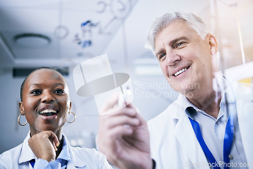 Image of Scientist, team and formula on glass board, analysis and science study with medical research and chemistry in lab. Man, black woman and investigation, chemical equation and scientific experiment