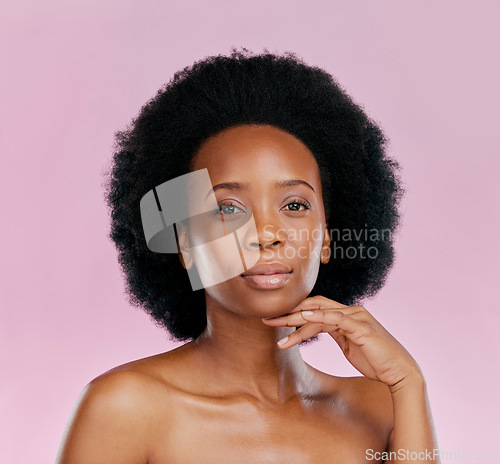 Image of Portrait, cosmetics and black woman with dermatology, skincare and wellness against a pink studio background. Face detox, female person and model with treatment, natural beauty and makeup with luxury