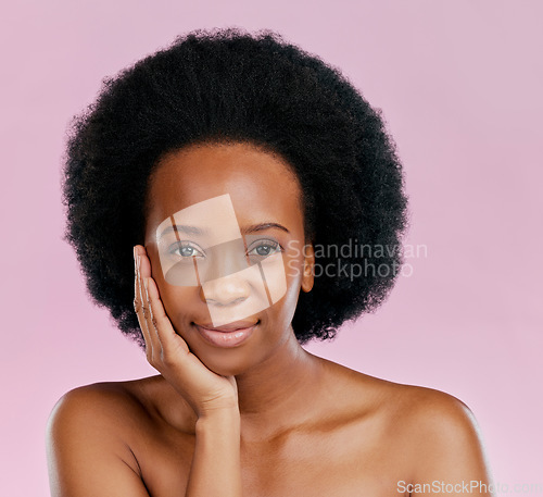 Image of Health, skincare and portrait of black woman with beauty glow, spa treatment or wellness. Dermatology, moisture and African girl or model with afro and cosmetic care isolated on a studio background