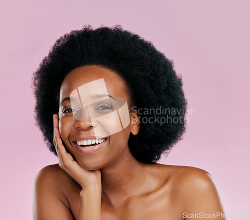 Image of Happy, skincare and portrait of black woman with a beauty glow, spa smile or wellness. Dermatology, moisture and African girl or model with an afro and cosmetic health isolated on a studio background