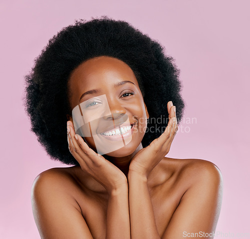 Image of Black woman, face and natural beauty, happy with afro hair and skin glow from cosmetics on pink background. African female model, texture and portrait, facial and skincare with dermatology in studio