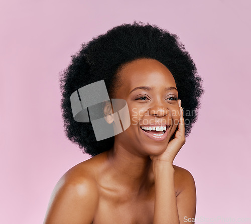 Image of Black woman, face and natural beauty, cosmetics with glow and laughter isolated on blue background. Happiness, facial and dermatology, African female model and afro hair in studio, funny and skincare