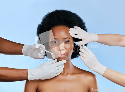 Image of Black woman, facial injection and beauty in portrait, cosmetic procedure, lip filler and dermatology on blue background. Liquid collagen, face and skincare with female model and treatment in studio