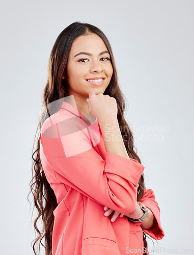 Image of Happy, woman and crossed arms with confidence or pride in studio white background with american or empowerment. Portrait, girl and happiness or motivated with fashion or positive mindset or style.