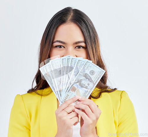 Image of Money, hidden portrait and professional woman with cash dollar prize, finance competition win or giveaway. Studio winner, pay and corporate person face with 401k, wealth or rich on white background