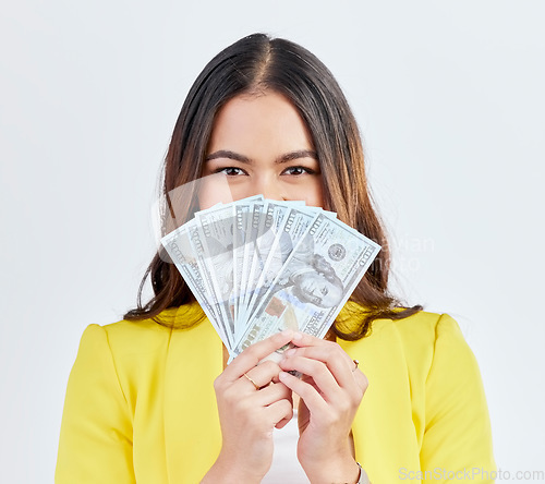 Image of Money portrait, hide or business woman with cash dollar bills, competition reward or bonus salary prize. Studio winner, economy or female trader face with income, profit or wealth on white background