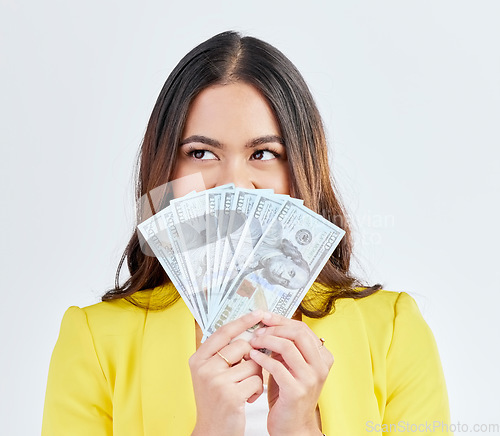 Image of Money, hidden face or professional woman with cash dollar bills, competition award or giveaway. Studio winner, financial economy or female trader with 401k income, profit or rich on white background