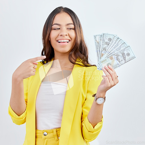 Image of Money, pointing and happy woman excited for business cash prize, income bonus or investment payment. Financial winner, studio gesture and corporate person smile for wealth revenue on white background