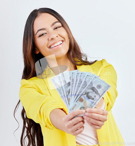 Image of Dollar money, portrait or happy woman, business trader or person show cash prize, competition victory or savings deal. Winner, studio or corporate agent face with smile for wealth on white background