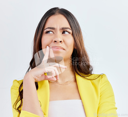 Image of Thinking, business problem or woman face confused for solution, strategy planning or studio development ideas. Doubt, why or corporate person think of decision, question or choice on white background