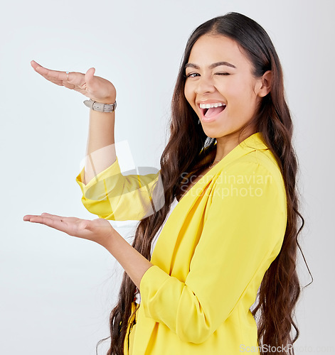 Image of Studio gesture, business portrait and happy woman wink for service advertising, promo news notification or brand announcement. Commercial, mockup space or person smile for product on white background