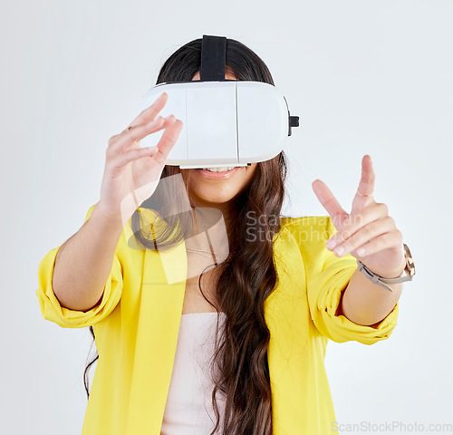 Image of Vr, metaverse and woman with 3d glasses in studio isolated on a white background. Virtual reality, futuristic and person with digital technology for fantasy, gaming and cyber experience on internet.