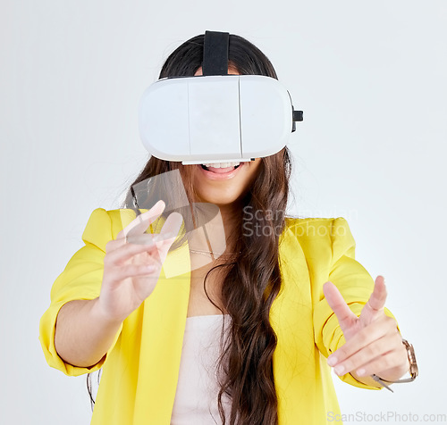 Image of Virtual reality, metaverse and happy woman with technology in studio isolated on a white background. Vr, futuristic and person with digital 3d glasses for fantasy experience, cyber gaming or internet