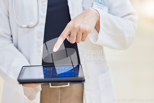 Image of Doctor, hands and tablet for neurology research in hospital, healthcare and telehealth for xray. Technology, medical professional and person with brain mri on app for wellness, radiology and results.