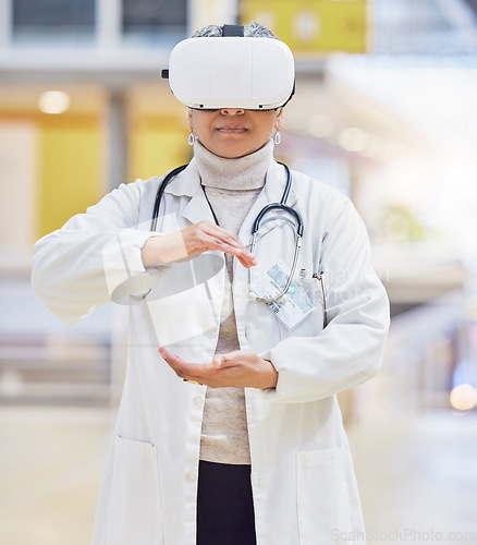 Image of VR, hands and doctor or woman on medical software, metaverse and 3d hospital, futuristic or digital ux experience. AR, presentation and healthcare worker or person, virtual reality glasses or vision