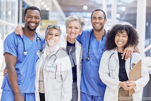 Image of Happy portrait, group and doctors for healthcare service, leadership and teamwork in hospital diversity. Professional medical woman, mentor and internship nurses in clinic management, hug and support